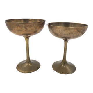 1970s Artisanal Hand-Etched Brass Coupes - A Slightly Mismatched Pair For Sale