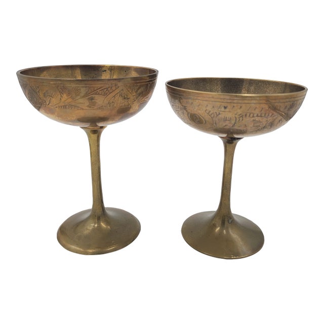 1970s Artisanal Hand-Etched Brass Coupes - A Slightly Mismatched Pair For Sale