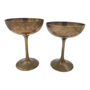 1970s Artisanal Hand-Etched Brass Coupes - A Slightly Mismatched Pair