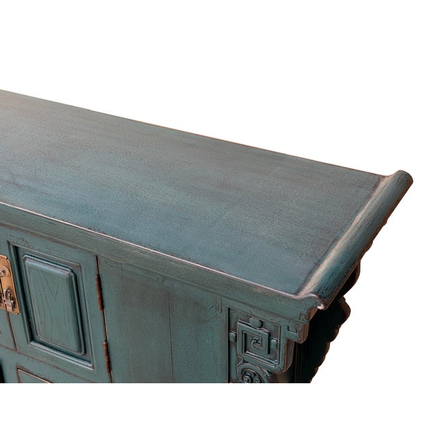 Asian Style Distressed Rustic Teal Blue Low Tv Console Table Cabinet For Sale - Image 15 of 16