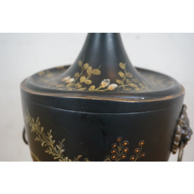 Vintage Black Toleware Floral Lions Head Chestnut Trophy Mantel Urn For Sale - Image 10 of 12