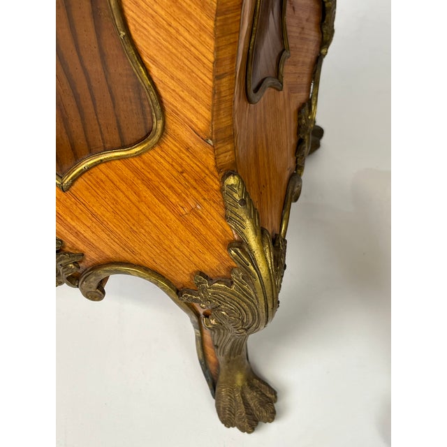 Pair of Mid-20th Century French Rococo Style Marquetry & Ormolu Pedestals With Green Marble Tops For Sale - Image 15 of 16