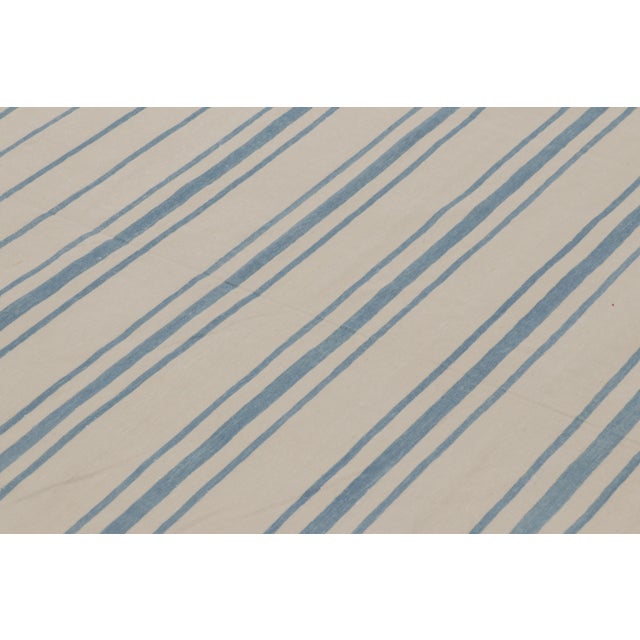 2010s Rug & Kilim’s Indian Dhurrie Rug in Ivory and Blue Stripes For Sale - Image 5 of 10