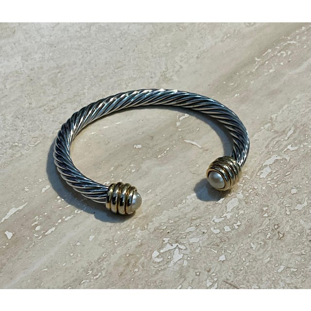 Mid 20th Century Vintage Silver Classic Cable Bracelet With Pearl Accents For Sale - Image 5 of 9