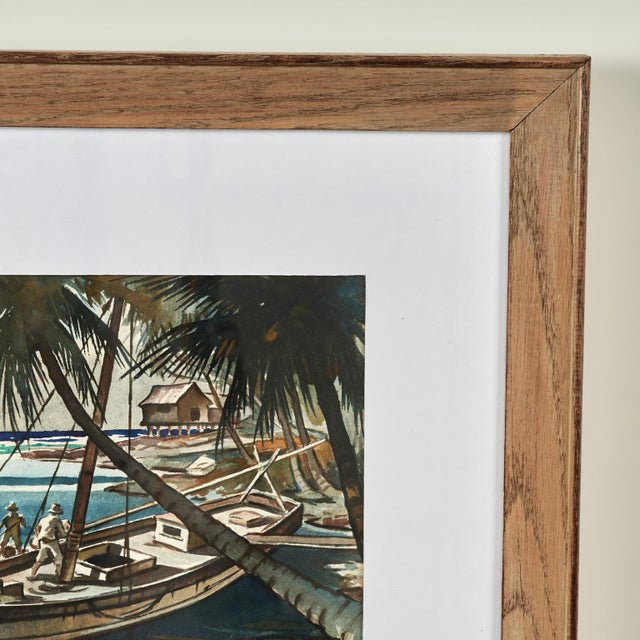 Vintage Tropical Watercolor With Boat For Sale - Image 4 of 8