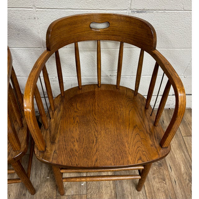 Antique Barrel Back Oak Pub Chairs Captain’s Chairs - Pair For Sale - Image 4 of 11