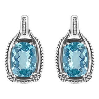 .925 Sterling Silver 14x10MM Cushion Cut Blue Topaz Gemstone and Diamond Accent Dangle Earring (I-J Color, I1-I2 Clarity) For Sale