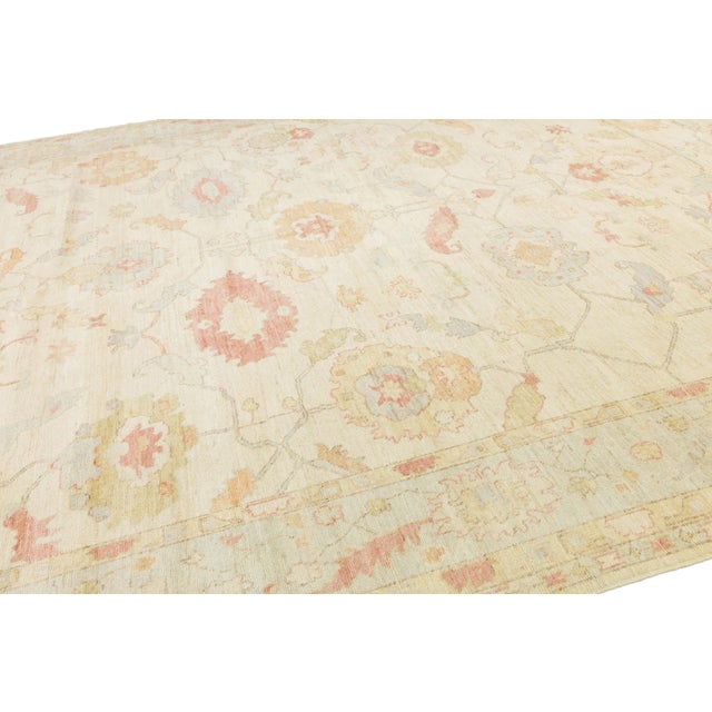 Ivory Modern Oushak Style Hand-Knotted Wool Rug Muted Pastel Floral Transitional 12x24 For Sale - Image 8 of 11