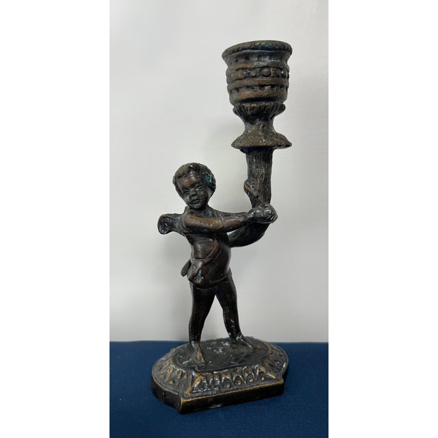 Maitland - Smith Pair Vintage Maitland-Smith Cast Bronze Cherub Candlestick Holders For Sale - Image 4 of 8