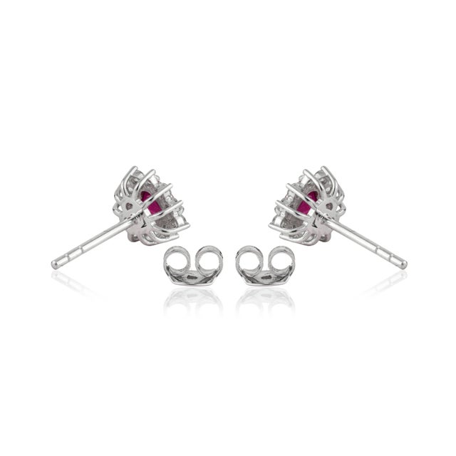 Ruby Red Heart-Cut Ruby & Diamond Floral Halo Stud Earrings in 14k White Gold- A Pair For Sale - Image 8 of 14