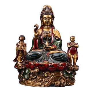 Late 19th Century Polychrome Bronze Guanyin Statue With Attendants, 3.3kg For Sale