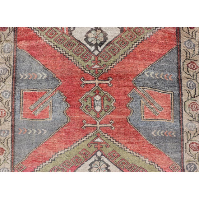 Red Field Vintage Turkish Oushak Gallery Runner With a Geometric Design 4'7" X 12'8" For Sale In Atlanta - Image 6 of 12