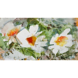 Mid Century Mixed Media Abstrat White Flowers Painting For Sale