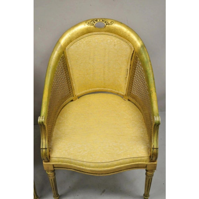 Vintage Italian Hollywood Regency Gold Gilt Barrel Back Cane Lounge Chairs, Pair For Sale - Image 4 of 12