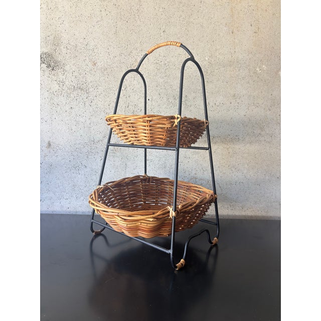 Mid-Century Modern Vintage Mid-Century Rattan & Iron Two-Tier Basket in the Manner of Tony Paul For Sale - Image 3 of 7