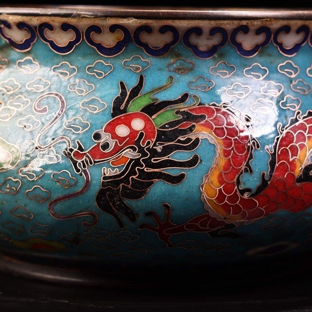 Vintage Chinese Cloisonné Enamel Dragon Censer, Bronze Tiger‑Head Handle Incense Burner For Sale - Image 9 of 9
