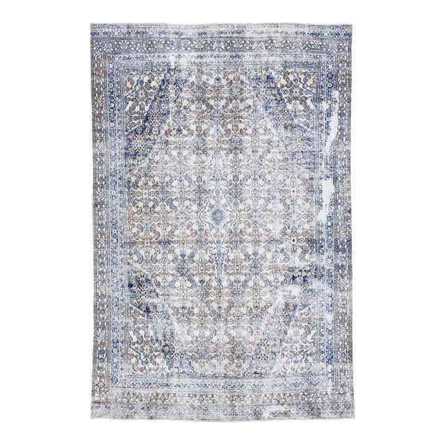 1960s Vintage Persian Malayer Distressed Beige Handmade Medallion Wool Rug For Sale