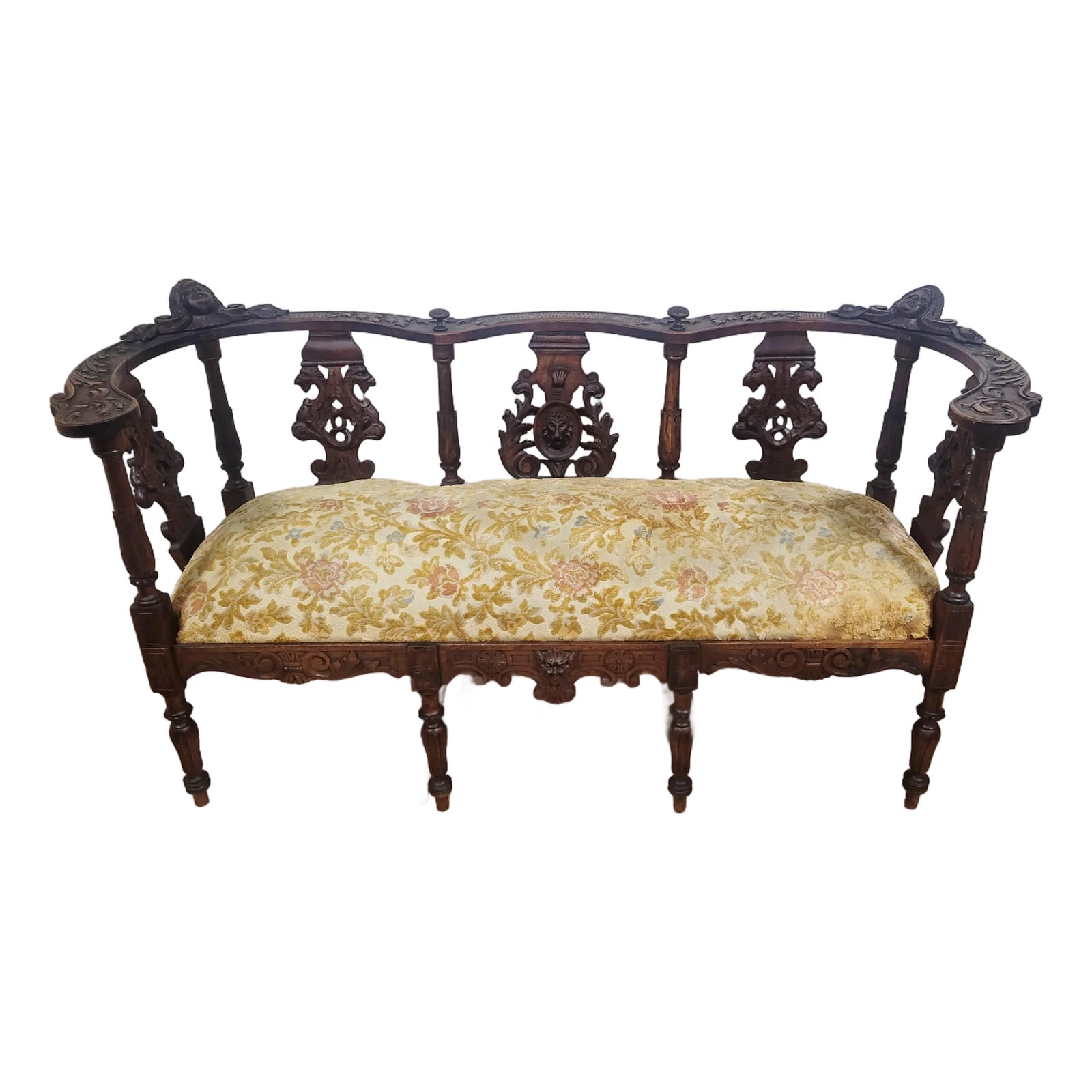 Antique Italian Renaissance Settee Hand Carved Walnut 