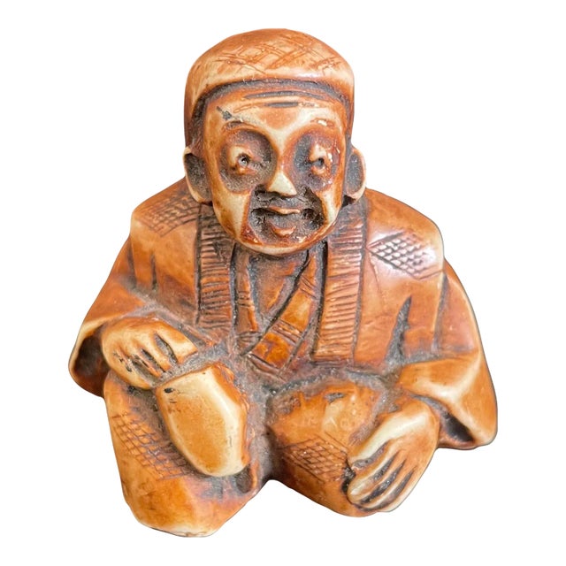 Vintage Sitting Japanese Man Celluloid Netsuke Miniature For Sale