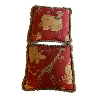 Set of 2 Vintage Custom Cranberry & Tan Pillows With Elephants, Monkey & Giraffes For Sale