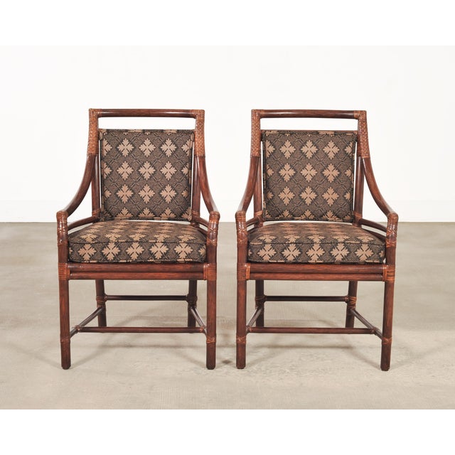 McGuire Set of Four McGuire Rattan Target Upholstered Dining Armchairs For Sale - Image 4 of 18