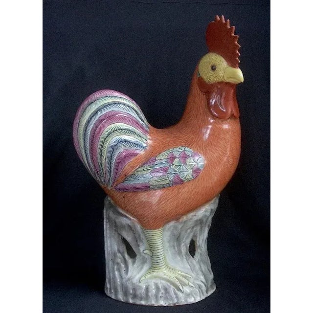 Large antique early 19th c. Chinese famille rose porcelain model of a cockerel standing atop pierced rock work. Bright...