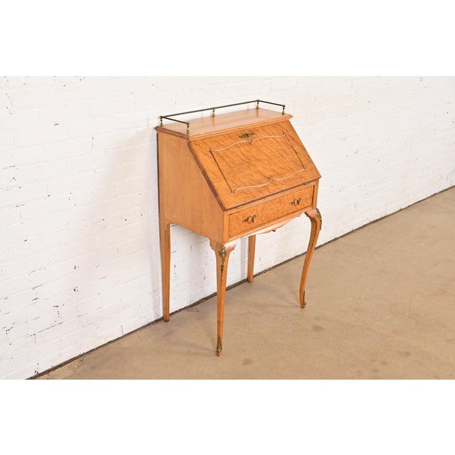 Baker Furniture Company Baker Furniture Style Antique French Provincial Louis XV Birdseye Maple Drop Front Secretary Desk With Mounted Brass Ormolu, Circa 1890s For Sale - Image 4 of 18