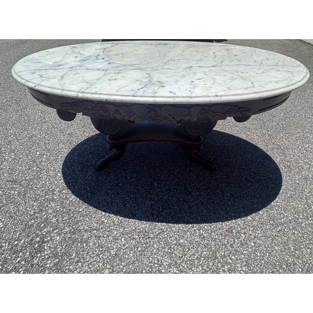 Victorian Vintage Victorian Revival Oval Marble Top Center Table With Hand-Carved Mahogany Base For Sale - Image 3 of 7