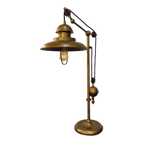 Industrial Modern Antique Brass Pulley Counterbalance Table Lamp