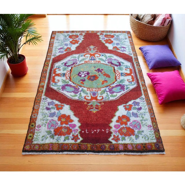 Mid-Century Modern High Pile Area Rug Hand Knotted Colorful Oushak Medallion Rug - 3'10'' X 6' For Sale - Image 3 of 12