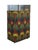 A striking Art Deco vitrine with a brass frame, curved glass panels, and bold patterned sides in red, green, and gold. The...