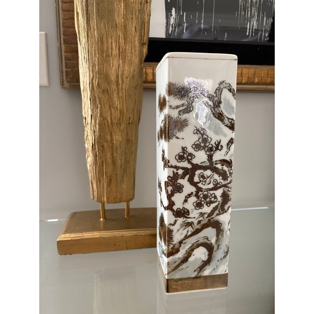 Mid-Century Modern Vintage Mid-Century Japanese Hand-Painted Porcelain Square Sleeve Vase For Sale - Image 3 of 12