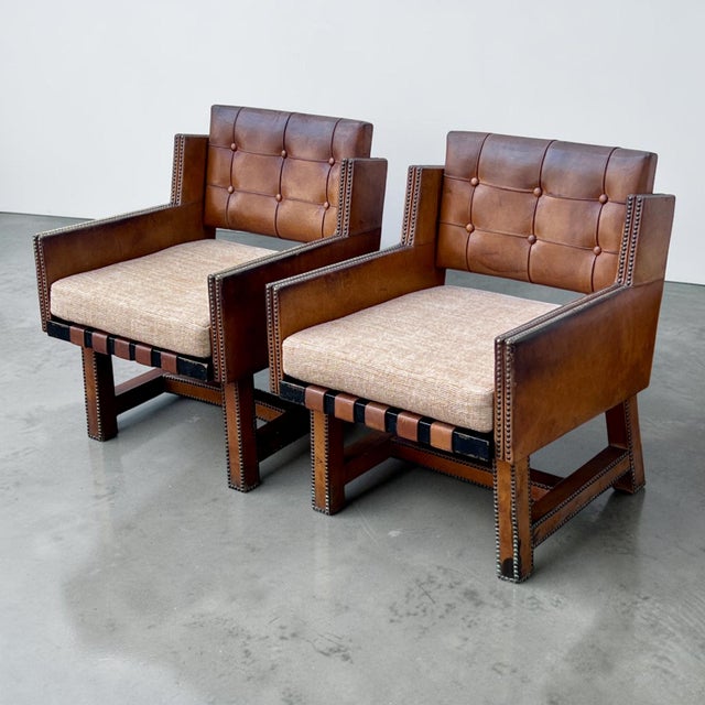 Metal Vintage French Leather Button-Back Armchairs, 1930s, Set of 2 For Sale - Image 7 of 11