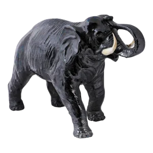 Vintage Italian Black Glazed Ceramic Sculpture of a Walking Elephant, Trunk Up