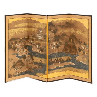 Japanese Village Landscape Scene Byobu Screen, 19th Century For Sale