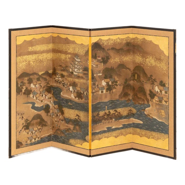 Japanese Village Landscape Scene Byobu Screen, 19th Century For Sale