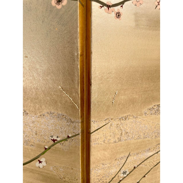 Gold Japanese Showa 4-Panel Folding Screen With Blossoms and Songbirds on Goldleaf Background For Sale - Image 8 of 12