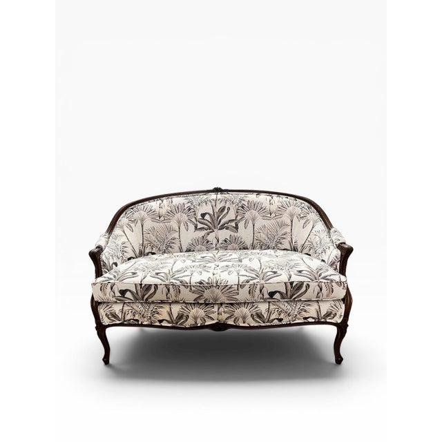 White French Louis XV Style Carved Walnut Settee Newly Upholstered in Tropical Botanical Cotton For Sale - Image 8 of 12