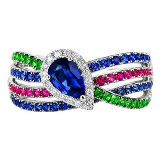 Late 20th Century 18K White Gold Diamond Ruby Sapphire Emerald Band Ring, Size 7 For Sale