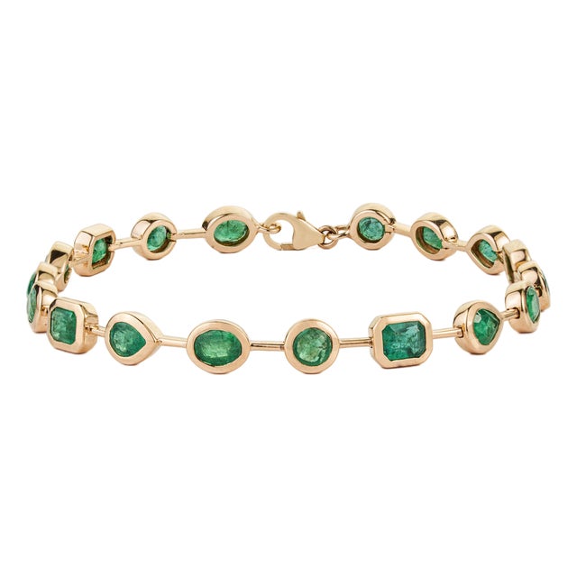 Designer 6.13ct Mixed Cut Bezel Set Emerald Contemporary Bracelet in 14k Gold For Sale