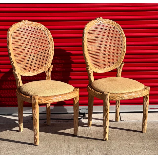 Faux Bois Carved Wood Dining Chairs Pair Chairish