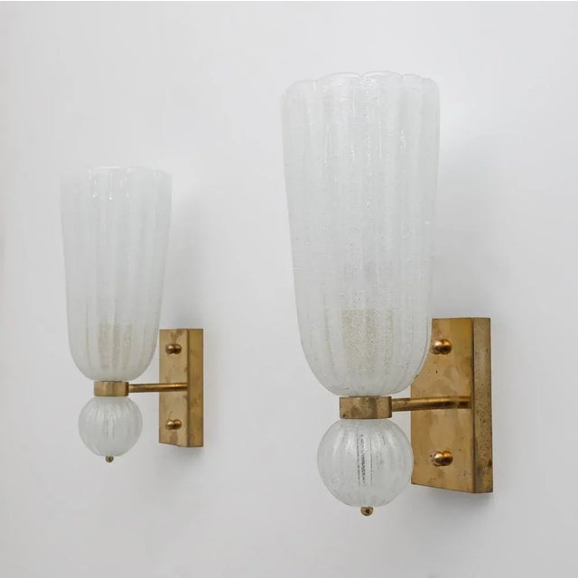 Gold Mid-Century Modern Brass and Pulegoso Murano Glass Sconces, 1980, Set of 2 For Sale - Image 8 of 8