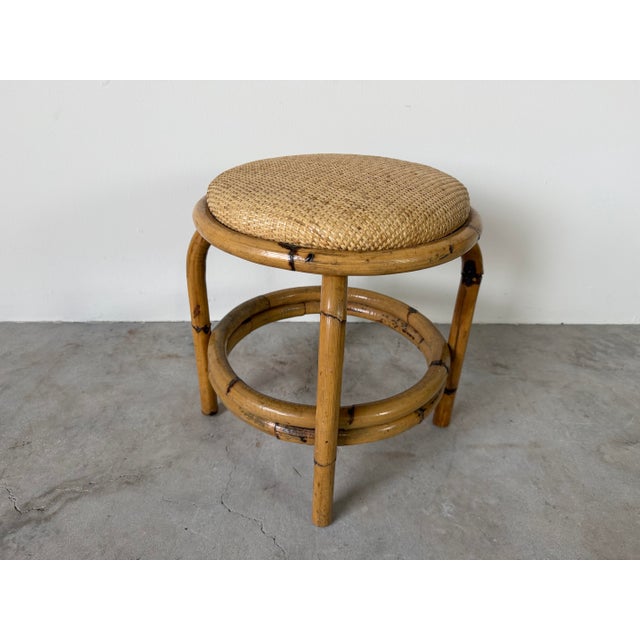 Mid-Century Modern Vintage Coastal Bamboo & Woven Wicker Round Ottoman For Sale - Image 3 of 12