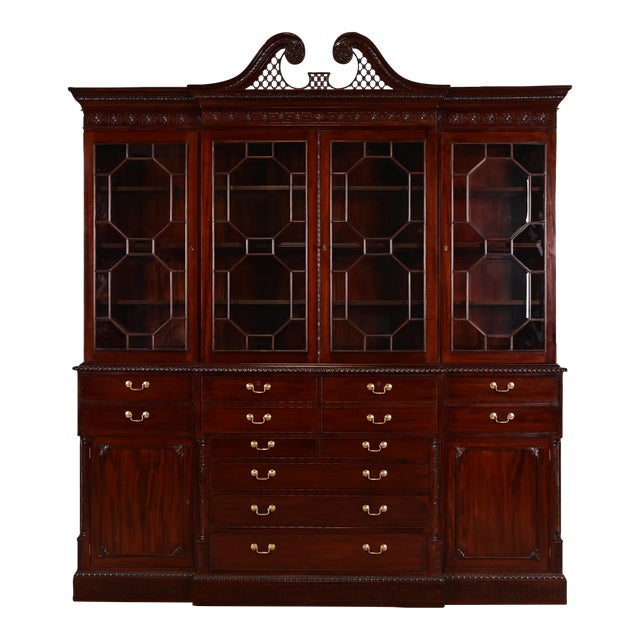 Baker Furniture Style English Georgian Carved Mahogany Breakfront Bookcase Cabinet With Drop Front Secretary Desk For Sale