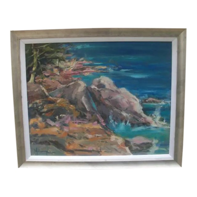 Impressionist Style Seascape with Waves Crashing and Rocky Shoreline Painting For Sale