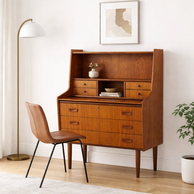 Mid Century Modern Danish secretary desk in warm teak, boasting tons of delicious design details and a highly functional...