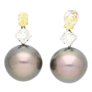 Black Pearl With Fancy Yellow & White Lily Cut Diamond Drop Earrings For Sale