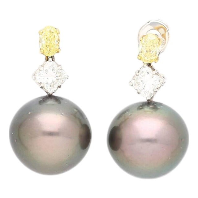 Black Pearl With Fancy Yellow & White Lily Cut Diamond Drop Earrings For Sale