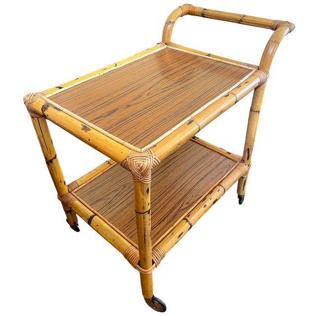Bunny Williams Home 1960s Burnt Bamboo & Rattan Wrapped Two-Tier Drinks or Bar Cart on Casters For Sale - Image 4 of 12