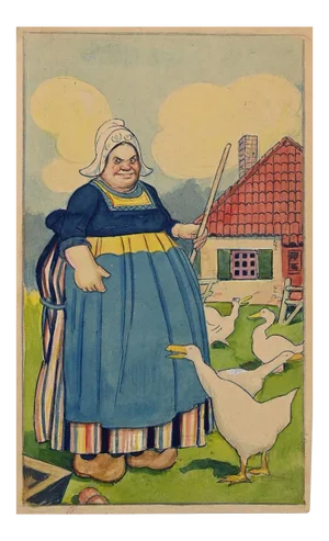 Peasant Woman with Geese, Original Drawing by Gabriele Galantara, 1915